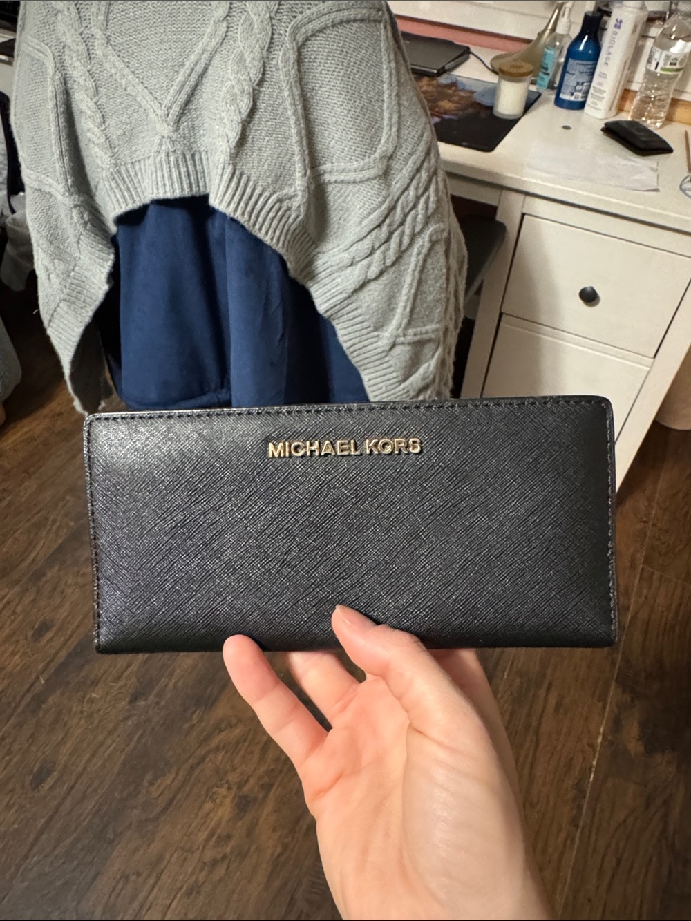 Michael Kors Black Textured Continental Wallet with Gold Logo